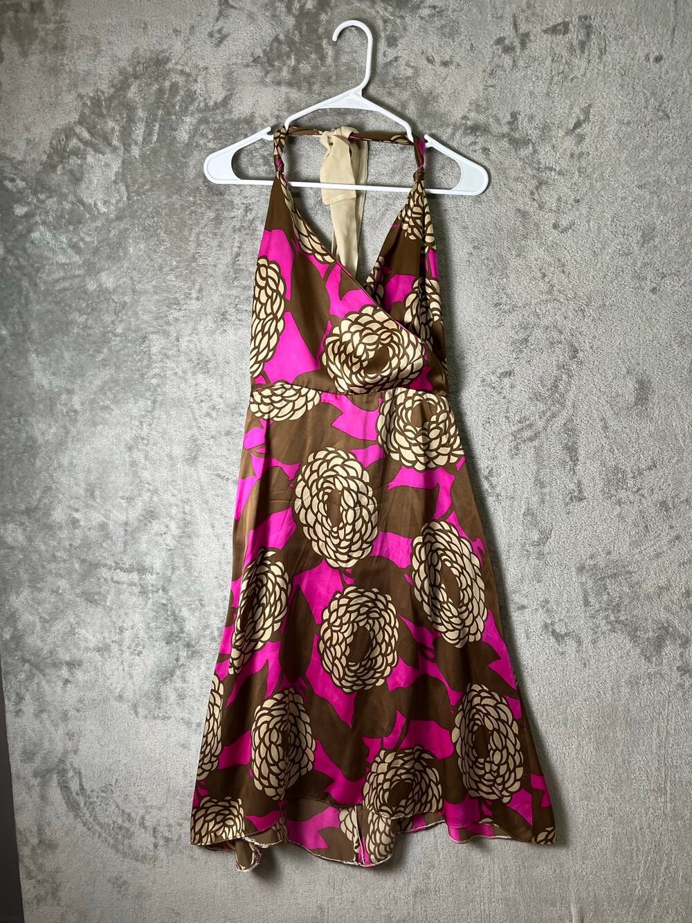 Anka 100% Silk Halter Dress Pink Brown Floral A Line Midi Size Medium Y2K Baddie